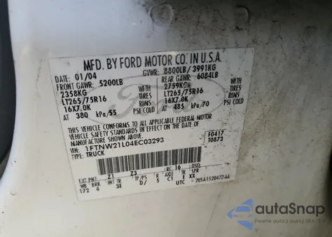 2004 Ford F250 Super Duty из США, поврежденный, VIN 1FTNW21L04EC03293